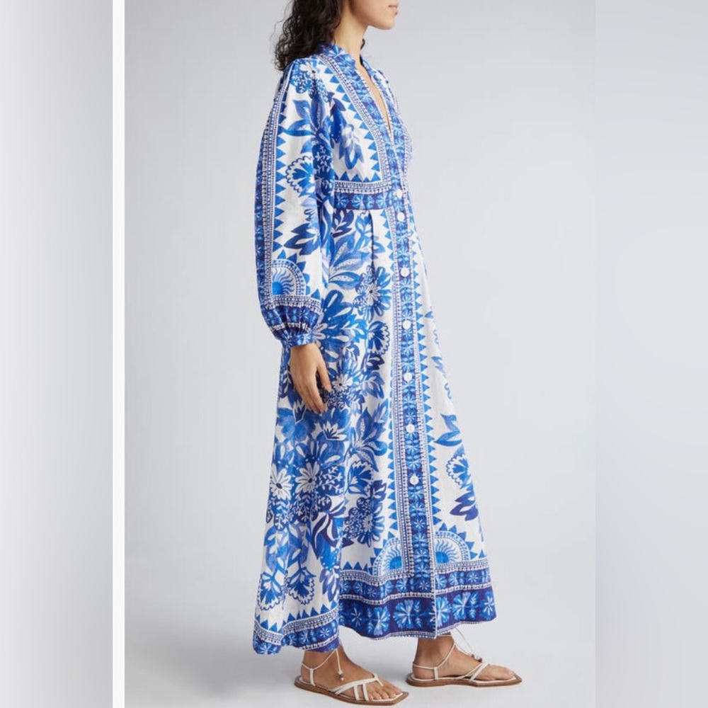 NWT $315 FARM Rio Flora Tapestry Long Sleeve Linen Blend White/Blue Shirtdress! - Picture 3 of 8